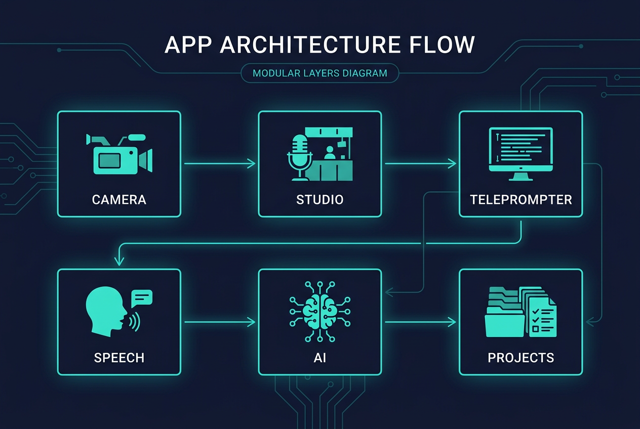 Concept mockup of a DuoCreator camera and teleprompter layout for iPhone Duo, showing the app's Camera, Studio, Teleprompter, Speech, AI and Projects modules