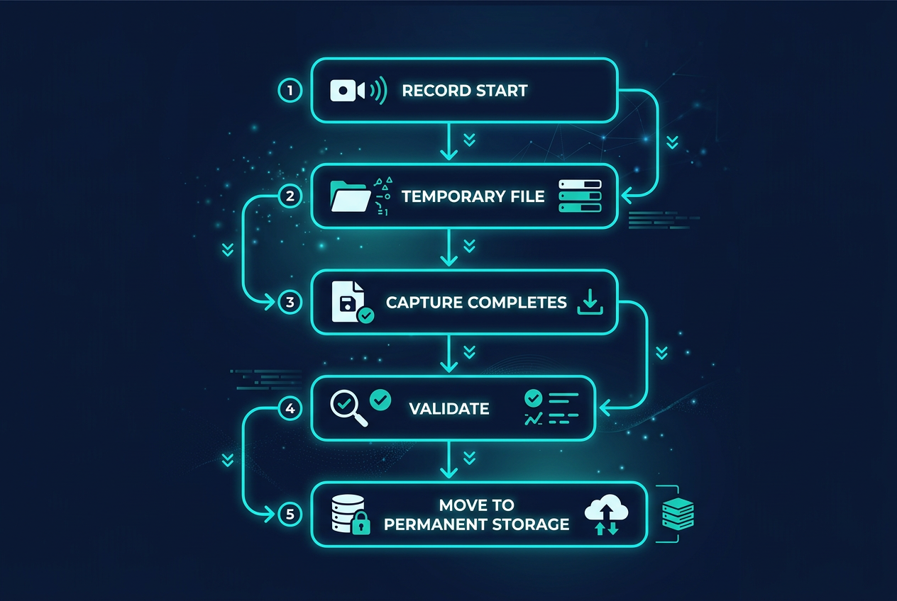 Diagram of the AVFoundation recording pipeline used by DuoCreator's CameraEngine, from temporary file to permanent project storage
