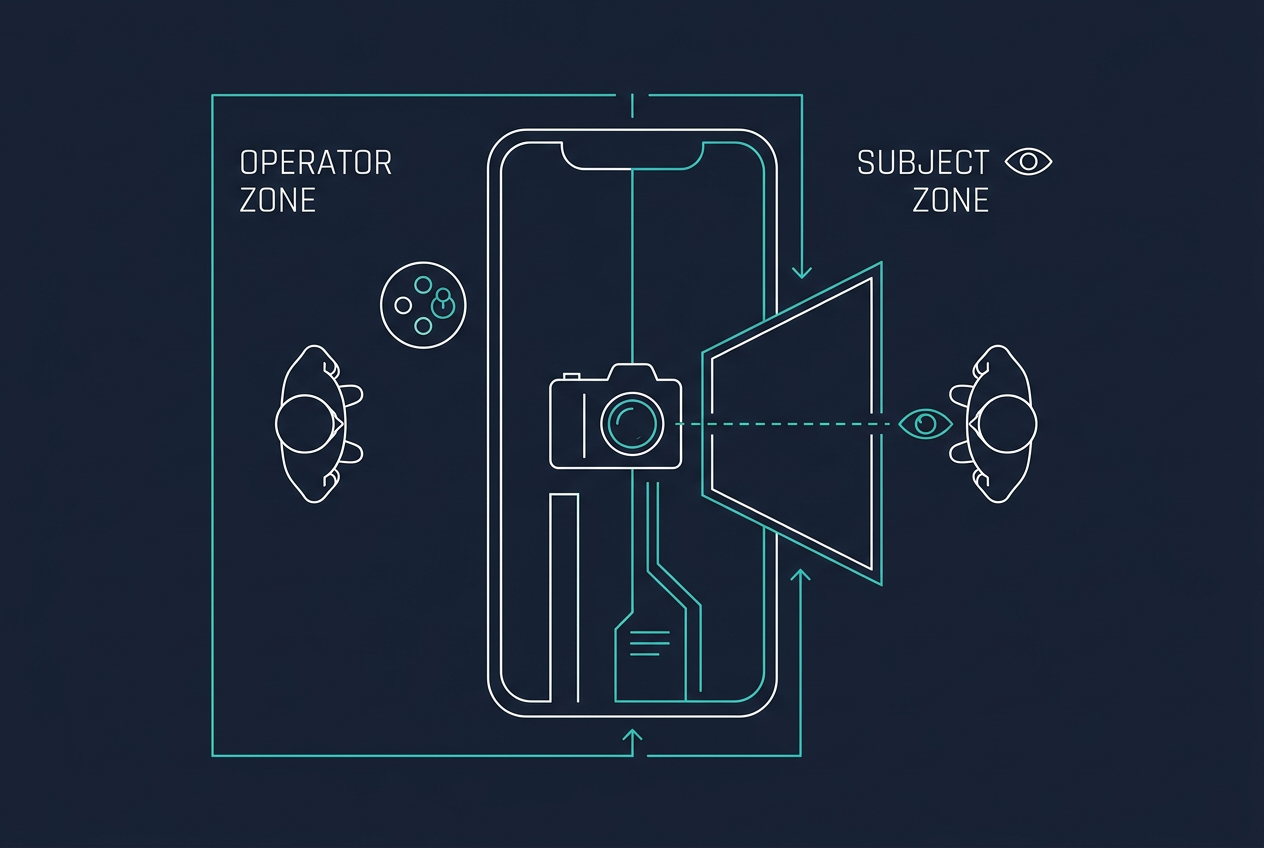 Diagram of DuoCreator's outer-display teleprompter using Apple's CameraCaptureAccessory during camera capture on iPhone Duo