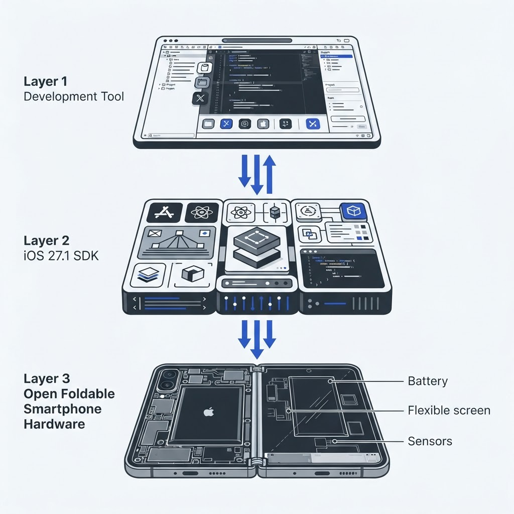 Diagram showing Xcode, the iOS 27.1 SDK, and iPhone Duo as a development stack