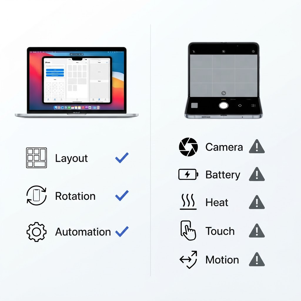 Comparison matrix of tests suited to iPhone Duo Simulator and physical hardware