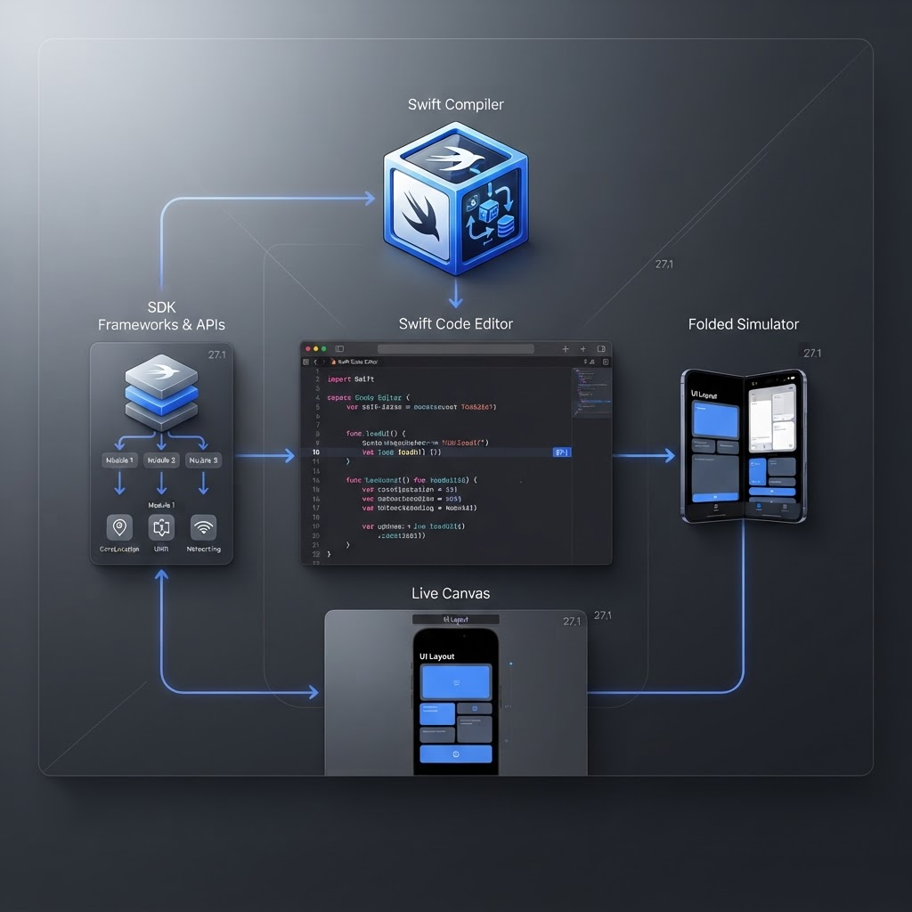 Feature map connecting Xcode 27.1 beta with Swift, SDK, previews, and iPhone Duo Simulator